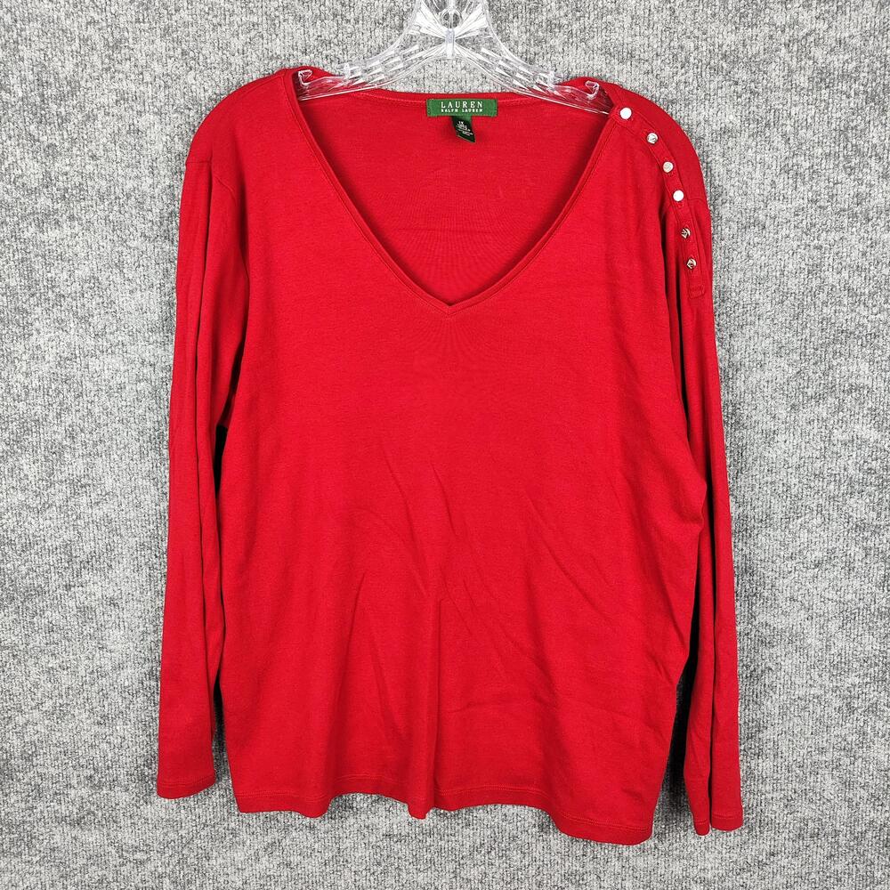 Lauren Ralph Lauren Sweater Womens 1X Red V Neck Button Shoulder Knit Pullover